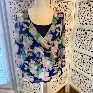 NWT Tahari Floral Wrap Blouse - Blue and Pink Sz XL